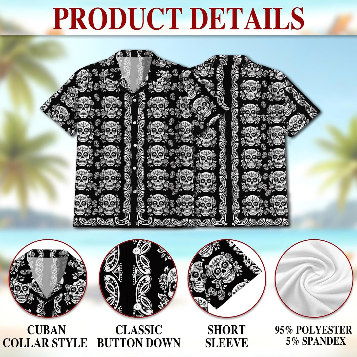 Sugar Skull Pattern Hawaiian Shirt for Men, Button Down Aloha Shirt - Azhawaiian