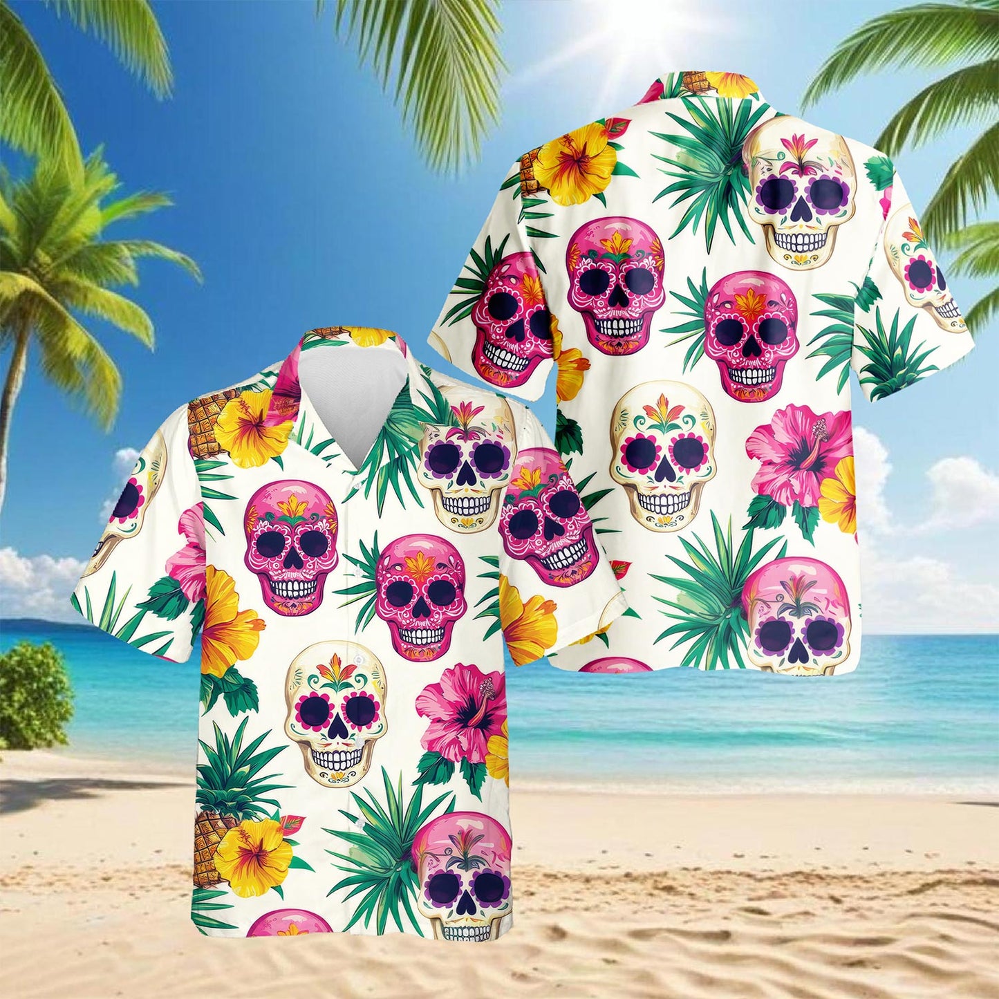 Sugar Skull Tropical Hawaiian Shirt for Men, Button Down Aloha Shirt - Azhawaiian