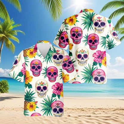 Sugar Skull Tropical Hawaiian Shirt for Men, Button Down Aloha Shirt - Azhawaiian