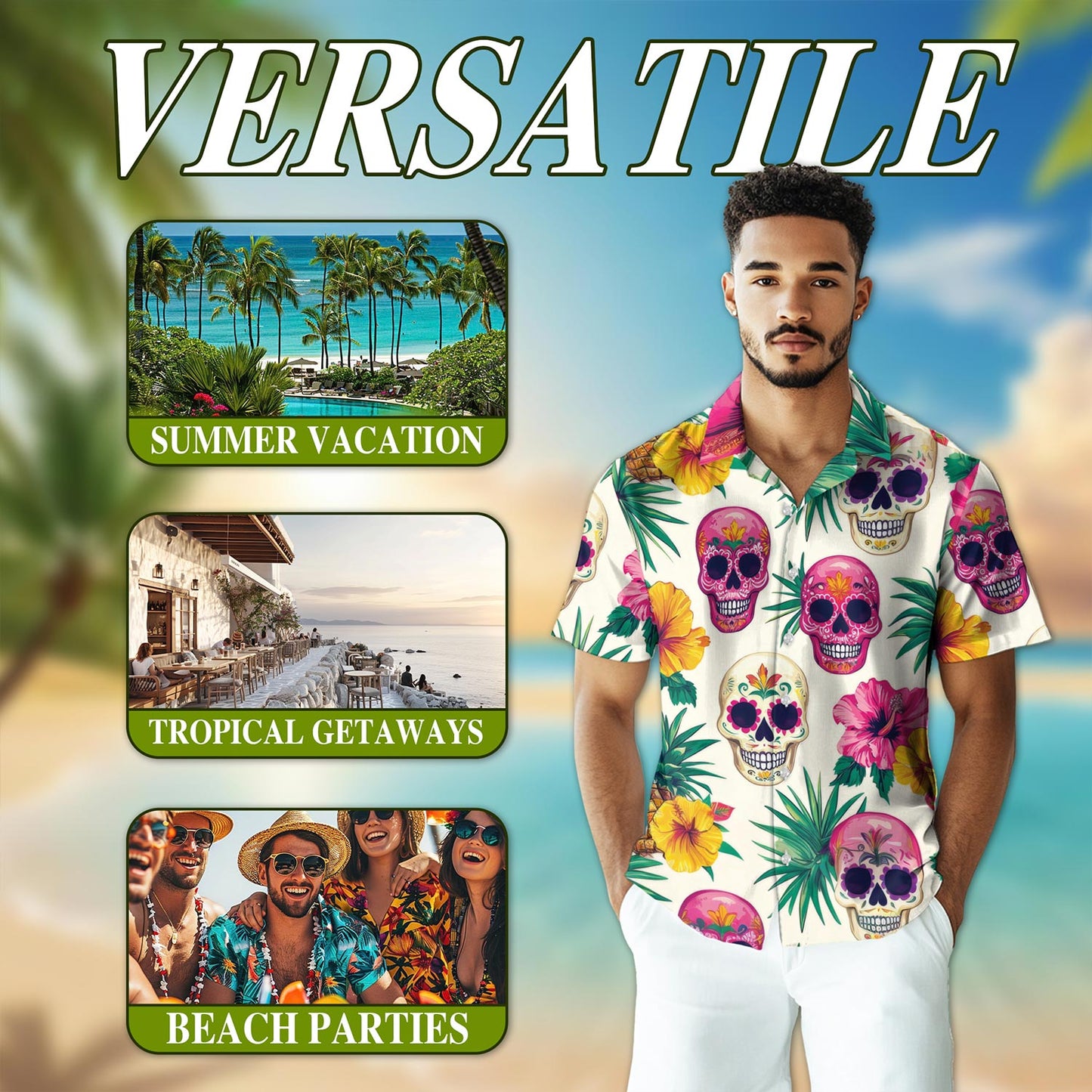 Sugar Skull Tropical Hawaiian Shirt for Men, Button Down Aloha Shirt - Azhawaiian