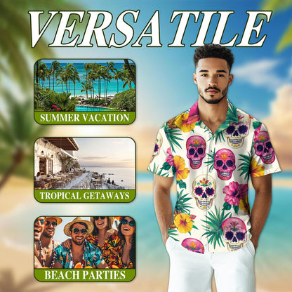Sugar Skull Tropical Hawaiian Shirt for Men, Button Down Aloha Shirt - Azhawaiian