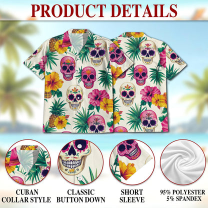 Sugar Skull Tropical Hawaiian Shirt for Men, Button Down Aloha Shirt - Azhawaiian