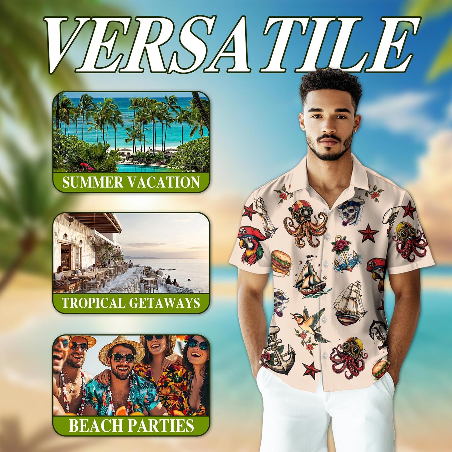 Summer Tattoos Hawaiian Shirt for Men, Button Down Aloha Shirt - Azhawaiian