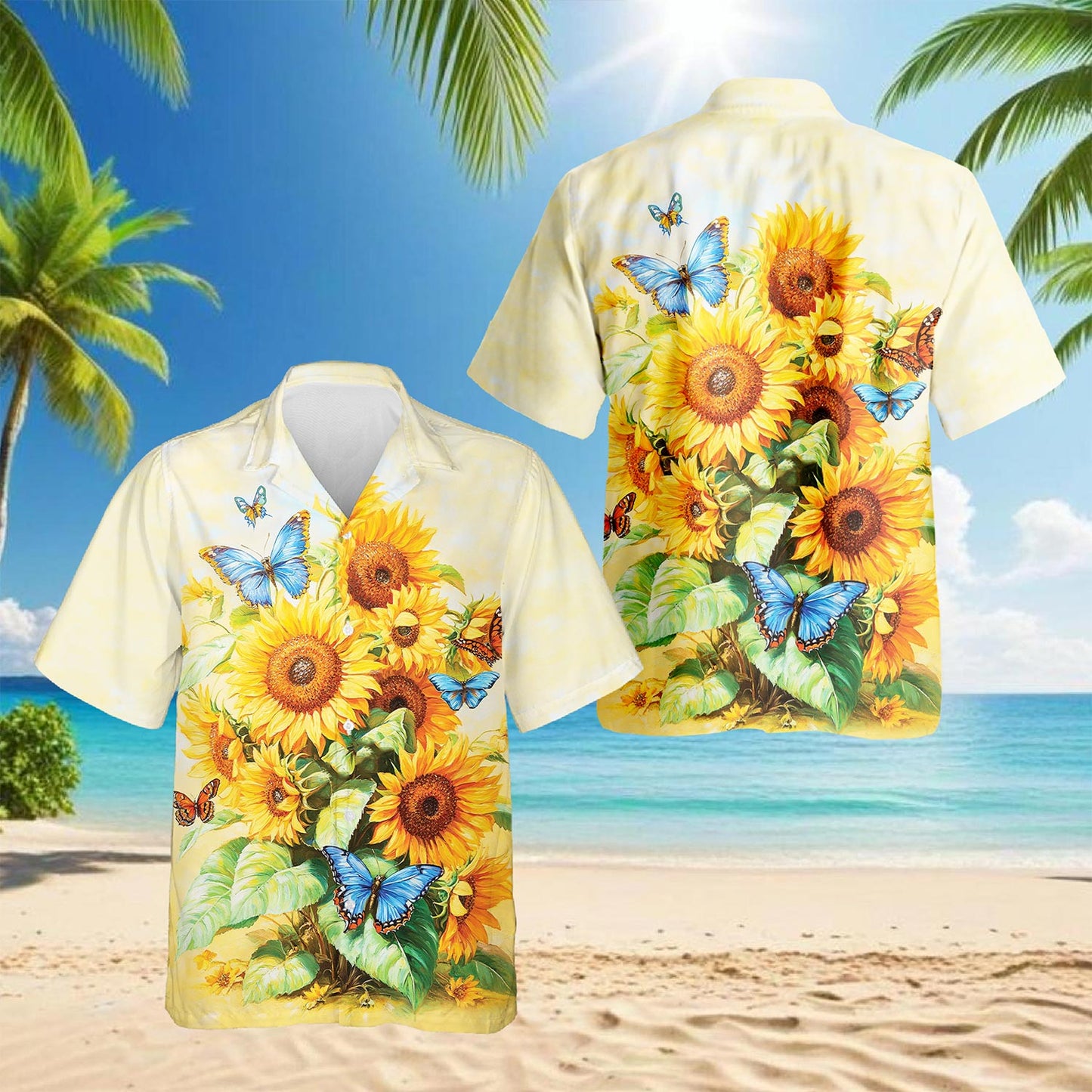 Sunflower Butterfly Hawaiian Shirt for Men, Button Down Aloha Shirt - Azhawaiian