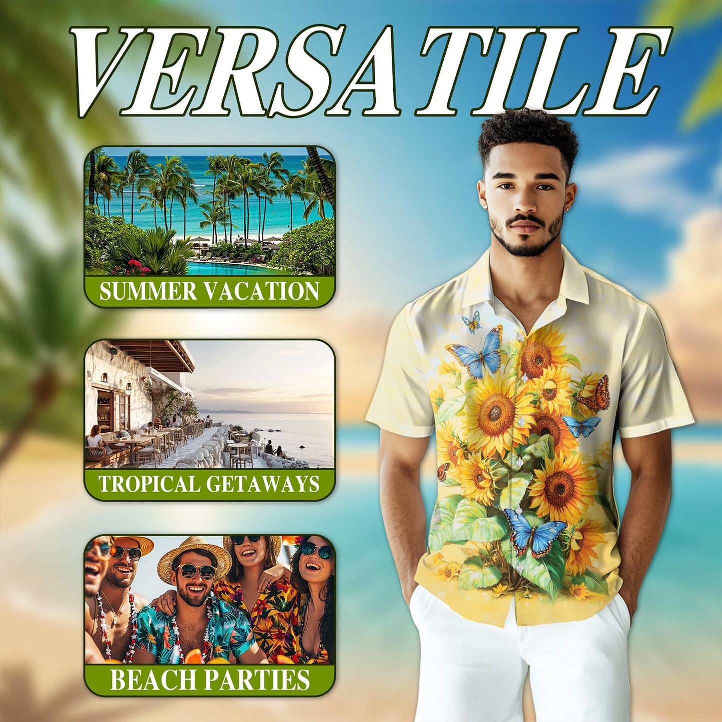 Sunflower Butterfly Hawaiian Shirt for Men, Button Down Aloha Shirt - Azhawaiian