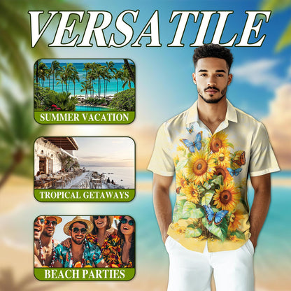 Sunflower Butterfly Hawaiian Shirt for Men, Button Down Aloha Shirt - Azhawaiian