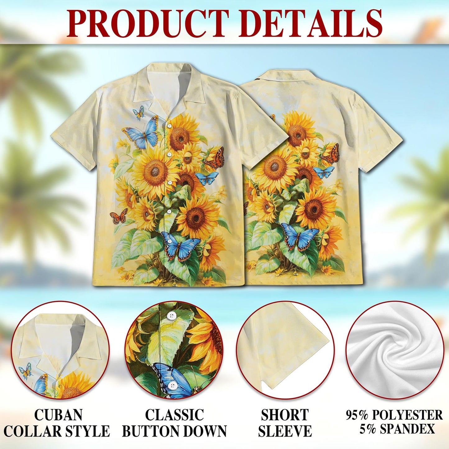 Sunflower Butterfly Hawaiian Shirt for Men, Button Down Aloha Shirt - Azhawaiian