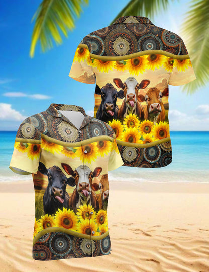 Sunflower Cattle Hawaiian Shirt for Men, Button Down Aloha Shirt - Azhawaiian