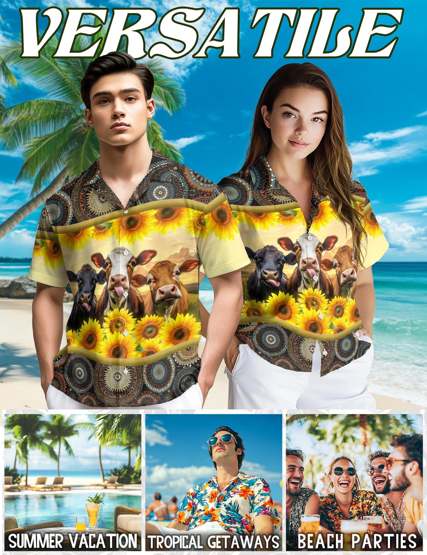 Sunflower Cattle Hawaiian Shirt for Men, Button Down Aloha Shirt - Azhawaiian