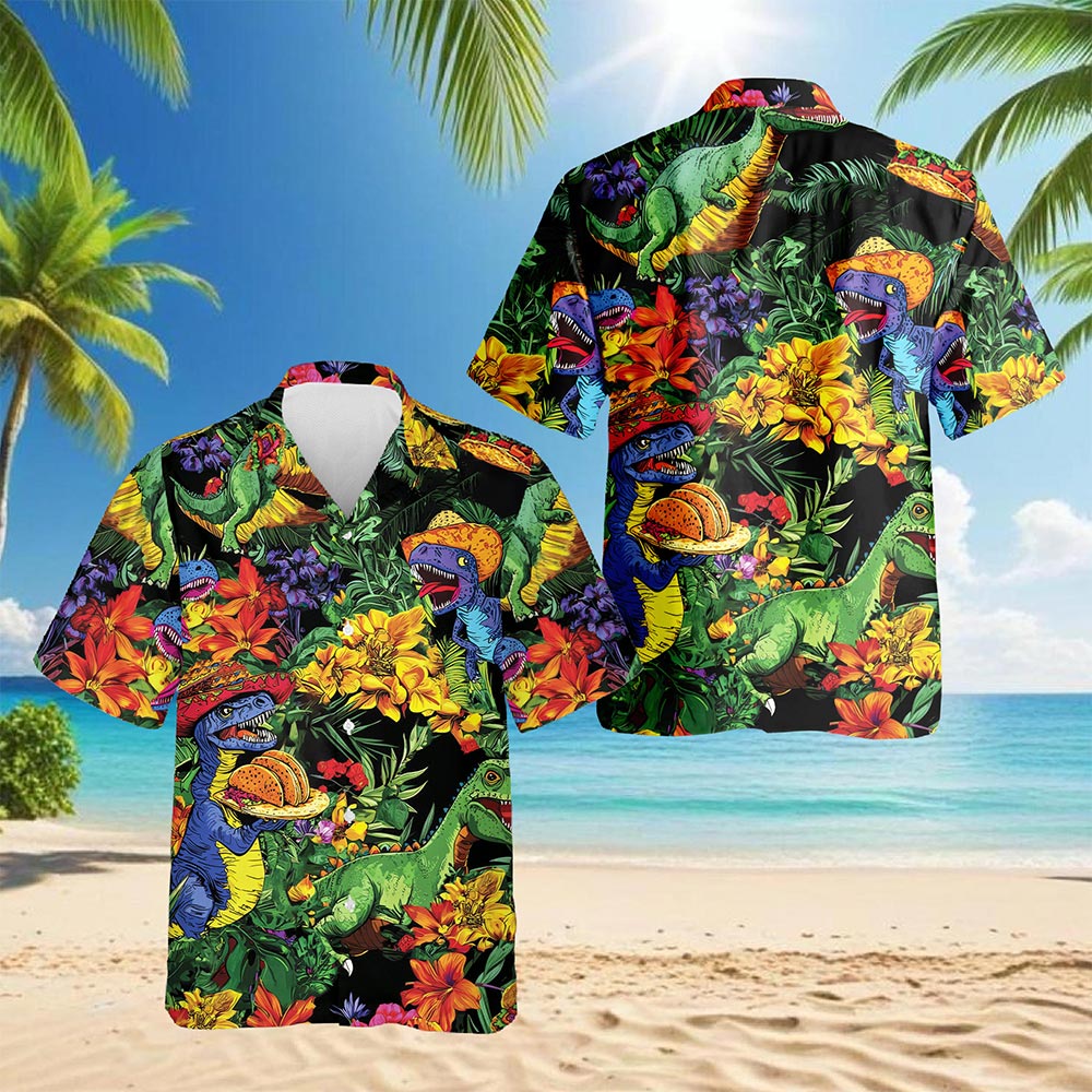 Taco Dinosaur T-rex Hawaiian Shirt for Men, Button Down Aloha Shirt - Azhawaiian