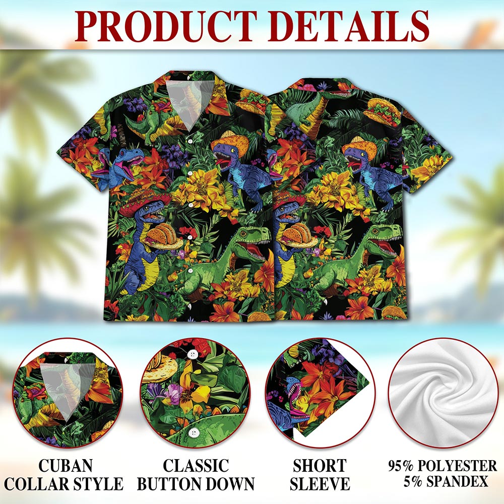 Taco Dinosaur T-rex Hawaiian Shirt for Men, Button Down Aloha Shirt - Azhawaiian