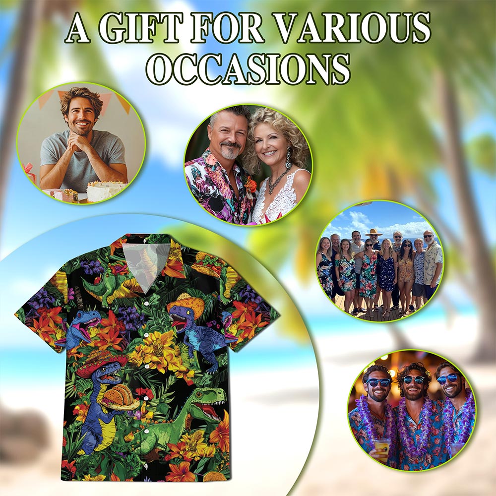 Taco Dinosaur T-rex Hawaiian Shirt for Men, Button Down Aloha Shirt - Azhawaiian