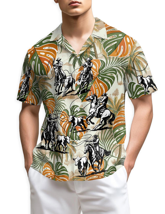 Azhawaiian Team Roping Colorful Leaves Tropical Hawaiian Shirt for Men