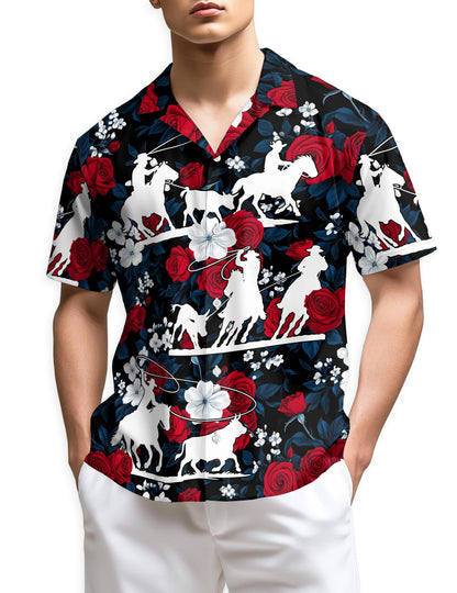 Azhawaiian Team Roping Red Rose Hawaiian Shirt for Men
