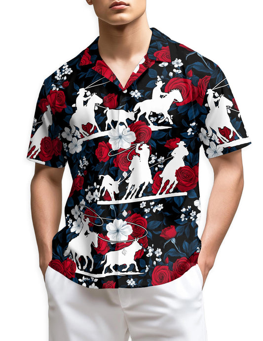 Azhawaiian Team Roping Red Rose Hawaiian Shirt for Men