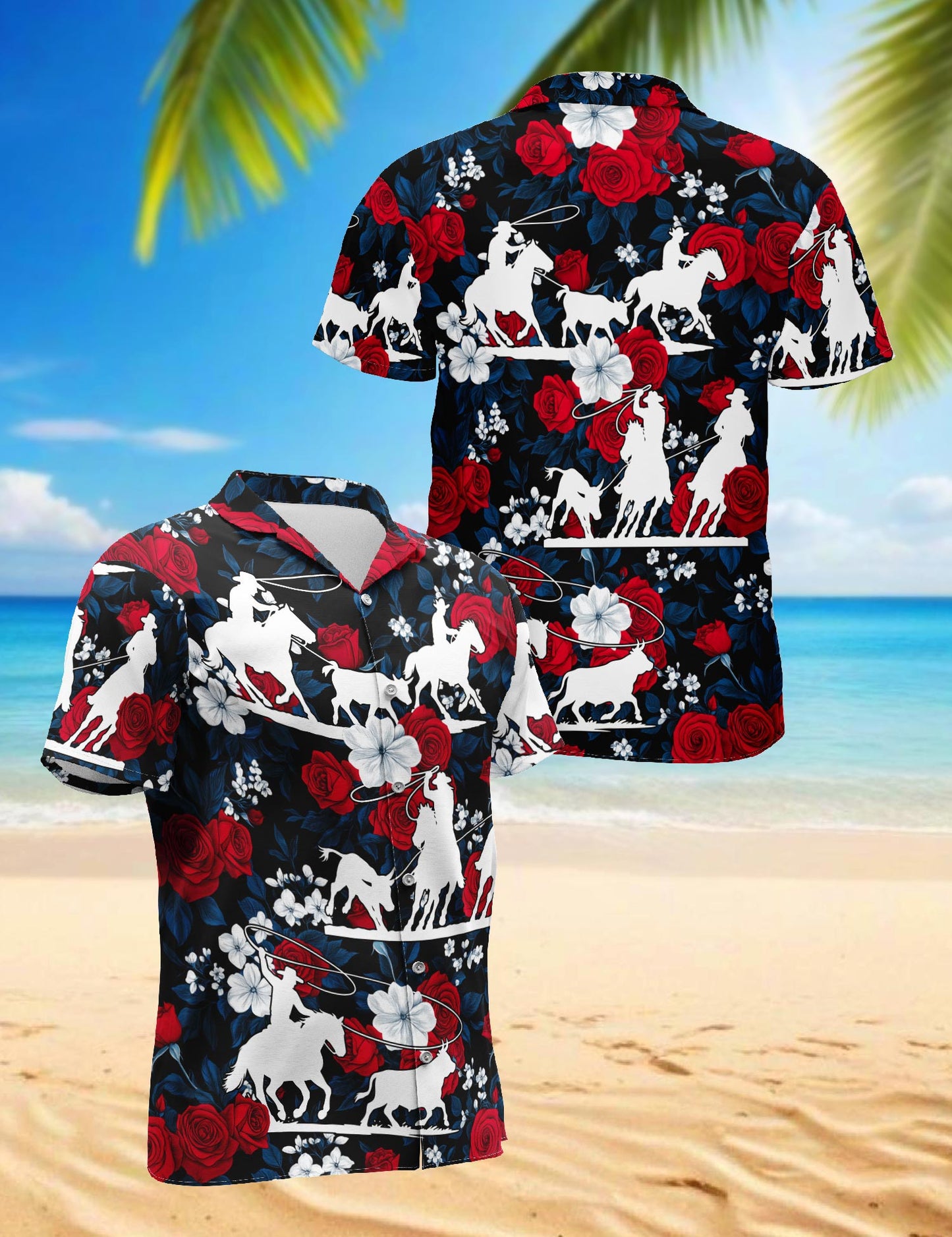 Team Roping Red Rose Hawaiian Shirt for Men, Button Down Aloha Shirt - Azhawaiian