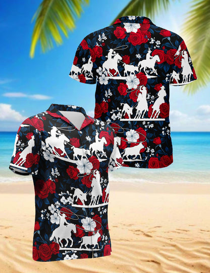 Team Roping Red Rose Hawaiian Shirt for Men, Button Down Aloha Shirt - Azhawaiian