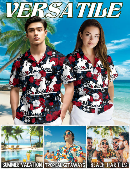 Team Roping Red Rose Hawaiian Shirt for Men, Button Down Aloha Shirt - Azhawaiian
