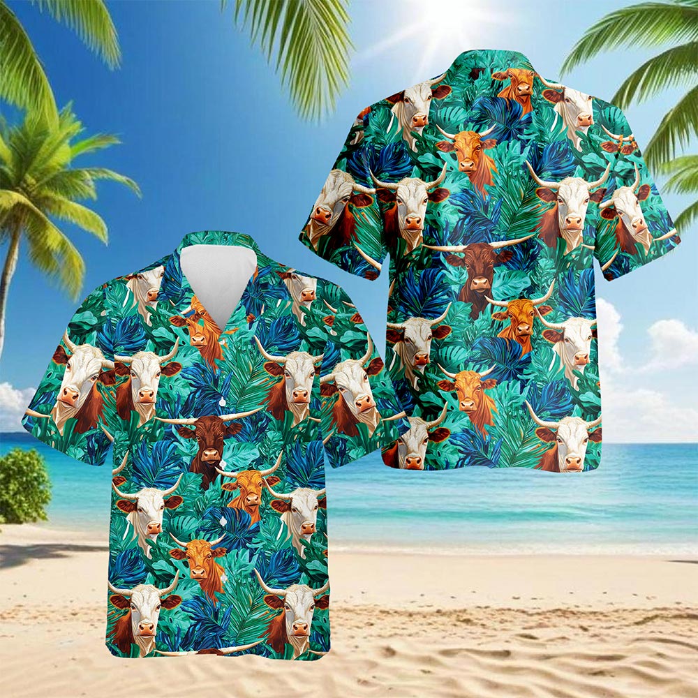 Texas Longhorn Cattle Hawaiian Shirt for Men, Button Down Aloha Shirt - Azhawaiian