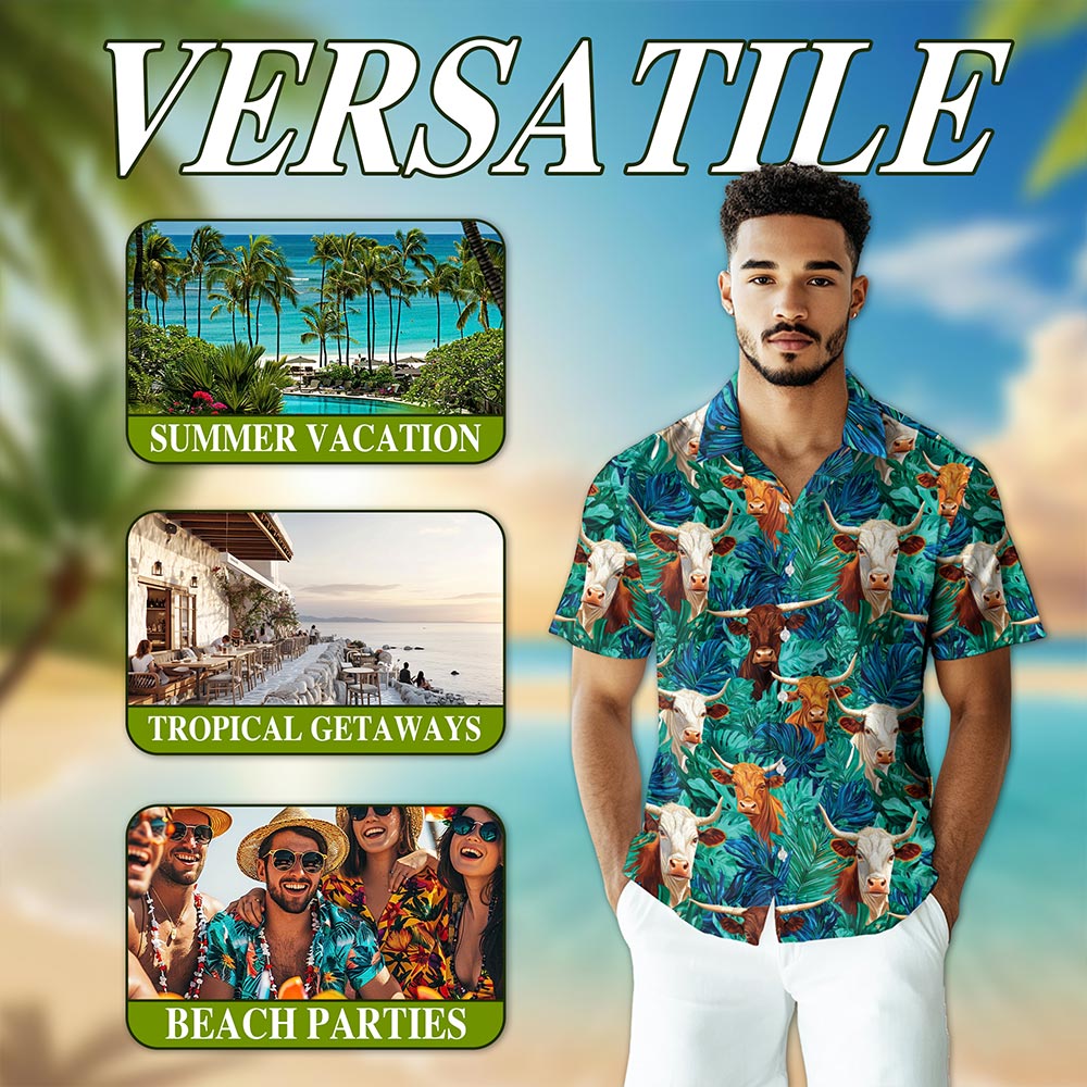 Texas Longhorn Cattle Hawaiian Shirt for Men, Button Down Aloha Shirt - Azhawaiian