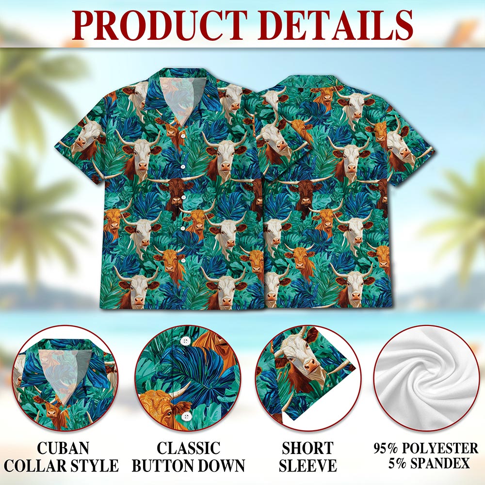 Texas Longhorn Cattle Hawaiian Shirt for Men, Button Down Aloha Shirt - Azhawaiian