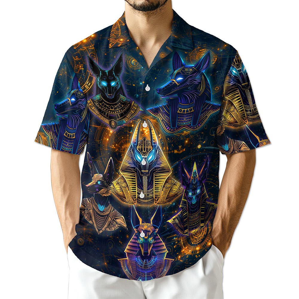 Azhawaiian The Egyptian God Anubis Geometry Black Hawaiian Shirt for Men