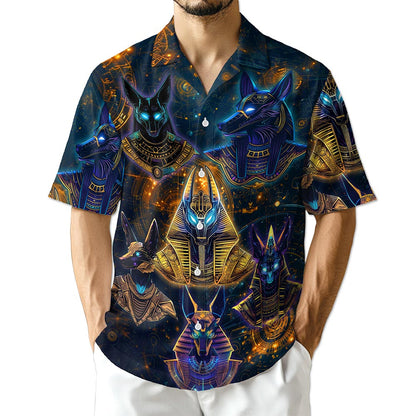 Azhawaiian The Egyptian God Anubis Geometry Black Hawaiian Shirt for Men