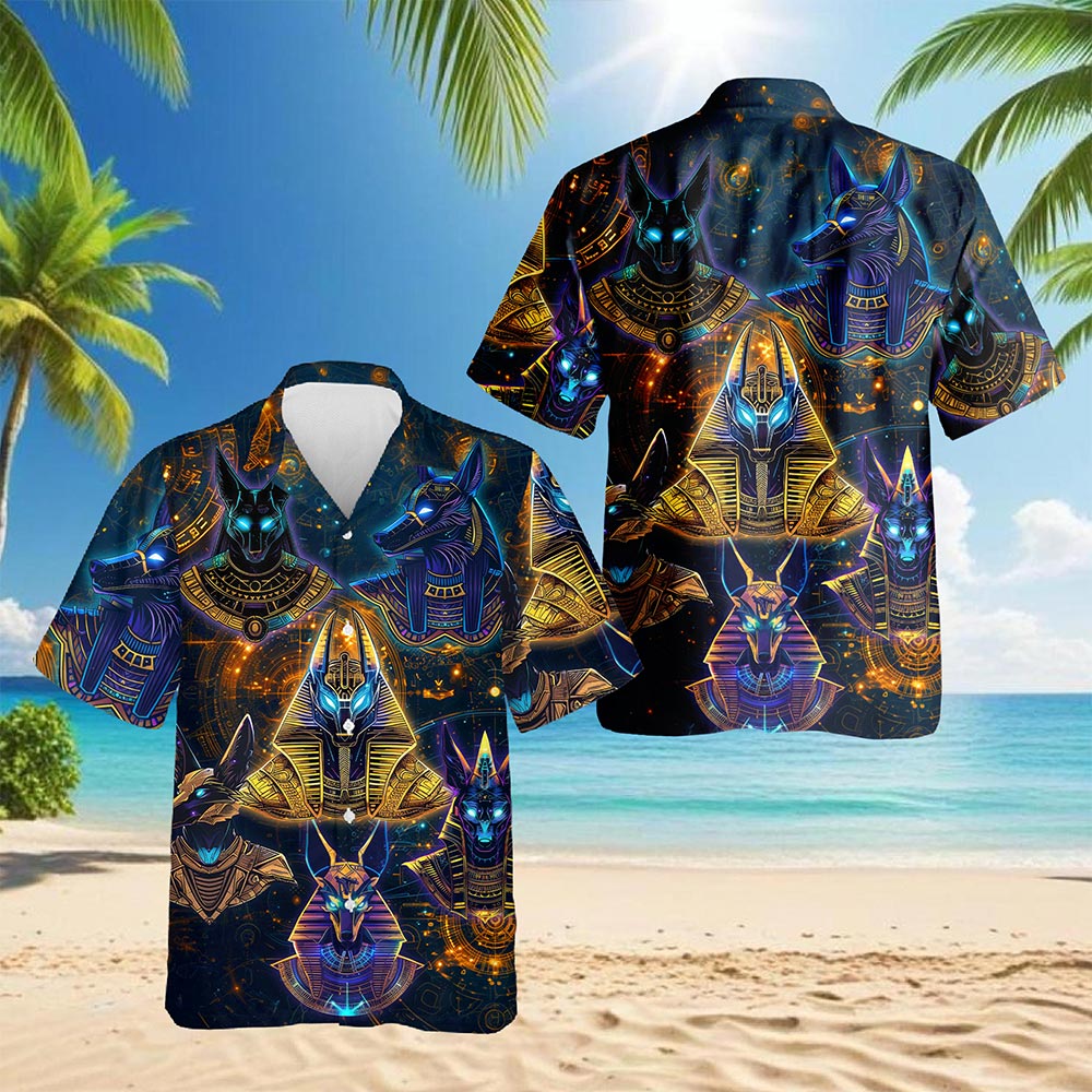 The Egyptian God Anubis Geometry Black Hawaiian Shirt for Men, Button Down Aloha Shirt - Azhawaiian