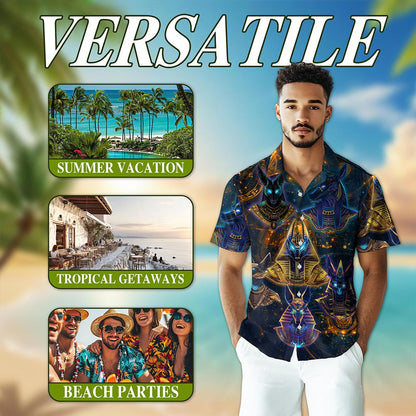 The Egyptian God Anubis Geometry Black Hawaiian Shirt for Men, Button Down Aloha Shirt - Azhawaiian