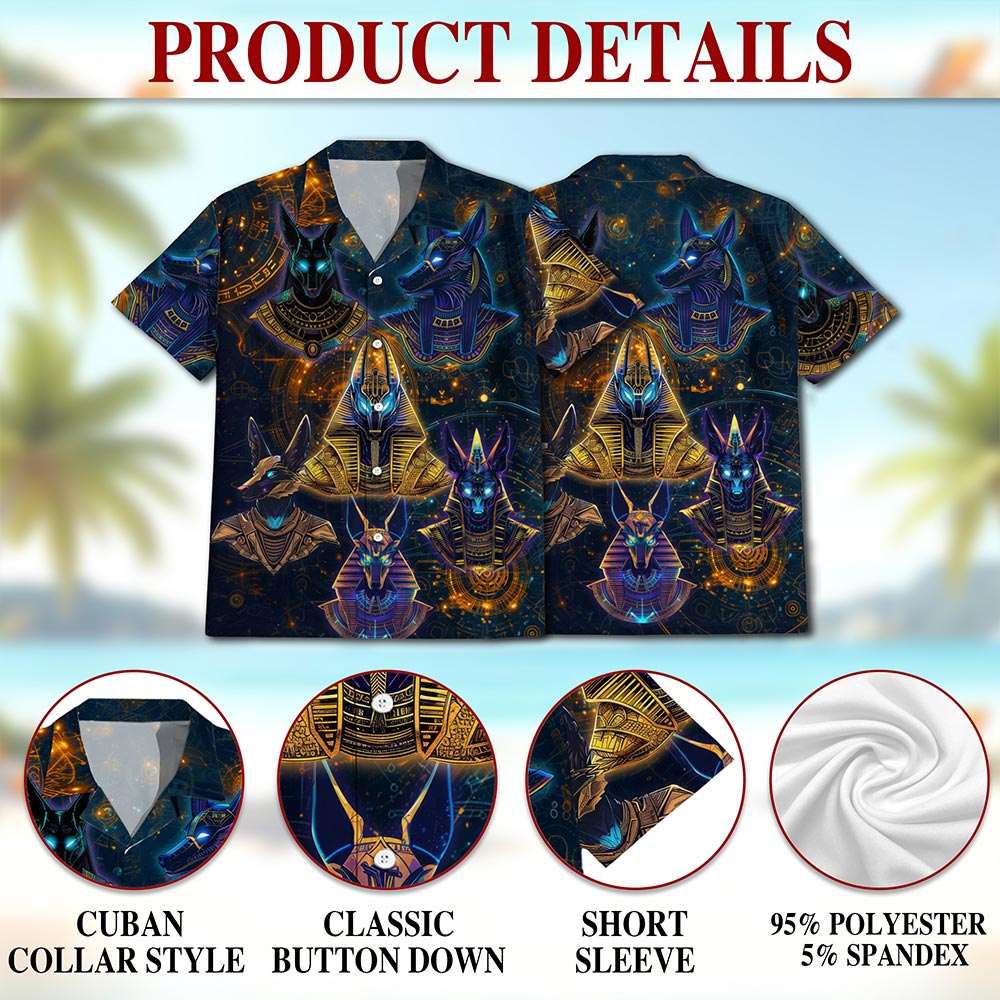 The Egyptian God Anubis Geometry Black Hawaiian Shirt for Men, Button Down Aloha Shirt - Azhawaiian