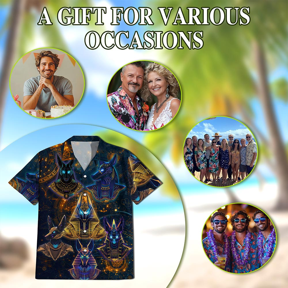The Egyptian God Anubis Geometry Black Hawaiian Shirt for Men, Button Down Aloha Shirt - Azhawaiian