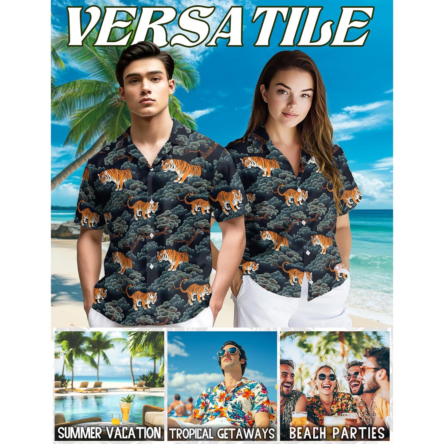 Tiger Pattern Hawaiian Shirt for Men, Button Down Aloha Shirt - Azhawaiian