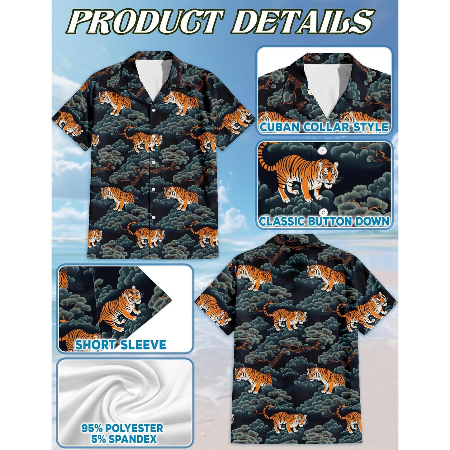 Tiger Pattern Hawaiian Shirt for Men, Button Down Aloha Shirt - Azhawaiian