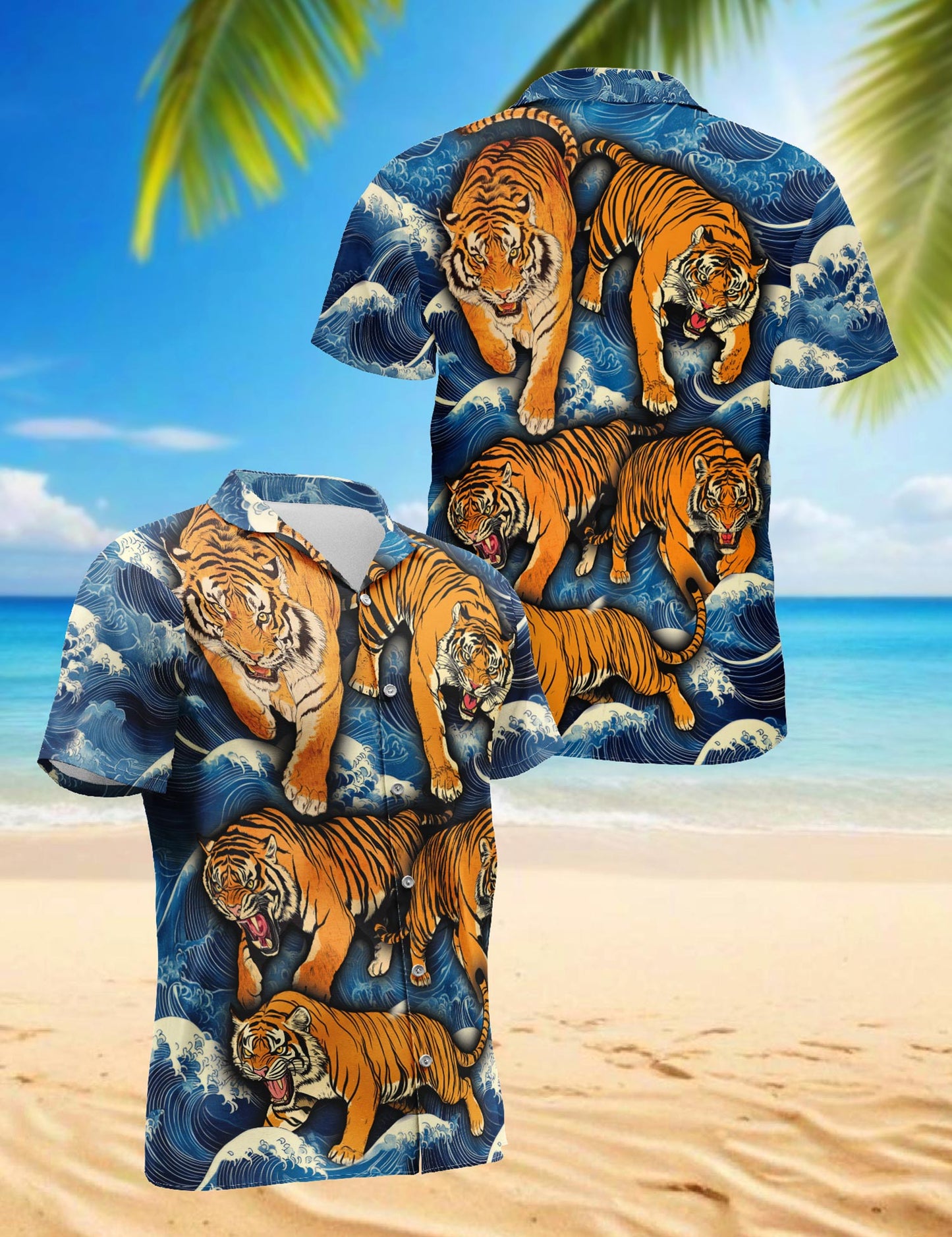 Tigers In Wave Hawaiian Shirt for Men, Button Down Aloha Shirt - Azhawaiian
