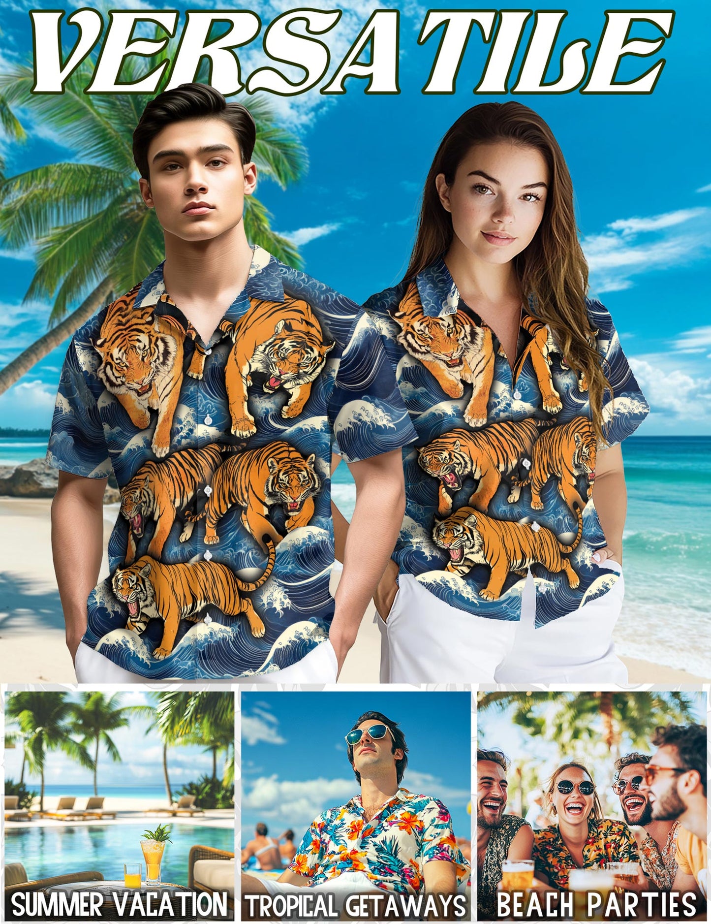 Tigers In Wave Hawaiian Shirt for Men, Button Down Aloha Shirt - Azhawaiian