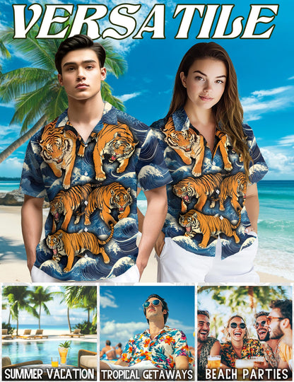Tigers In Wave Hawaiian Shirt for Men, Button Down Aloha Shirt - Azhawaiian