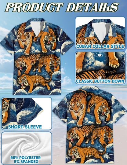 Tigers In Wave Hawaiian Shirt for Men, Button Down Aloha Shirt - Azhawaiian