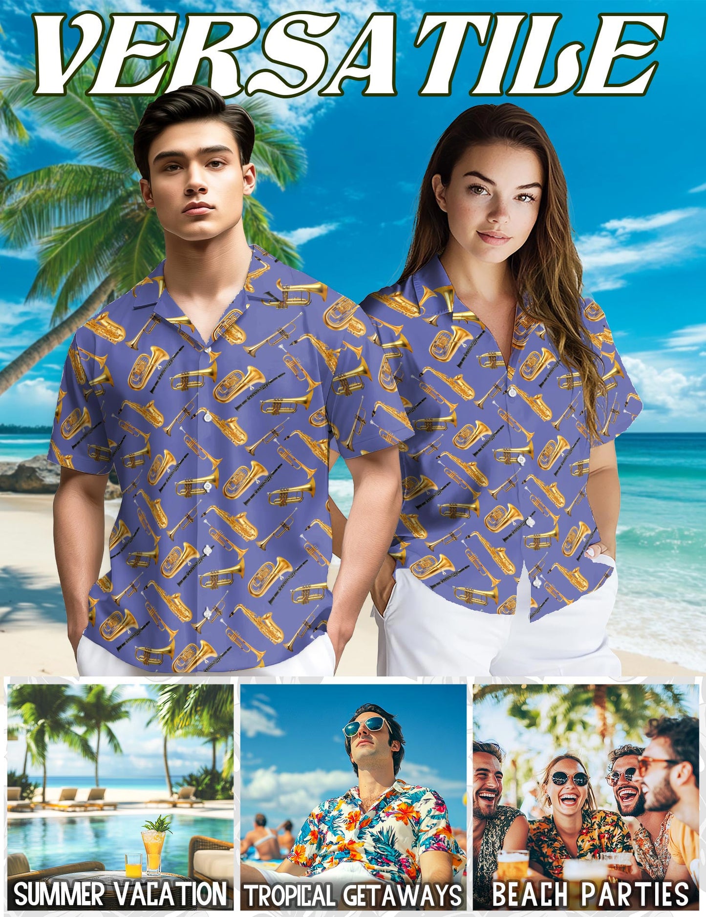 Trombone Pattern Hawaiian Shirt for Men, Button Down Aloha Shirt - Azhawaiian