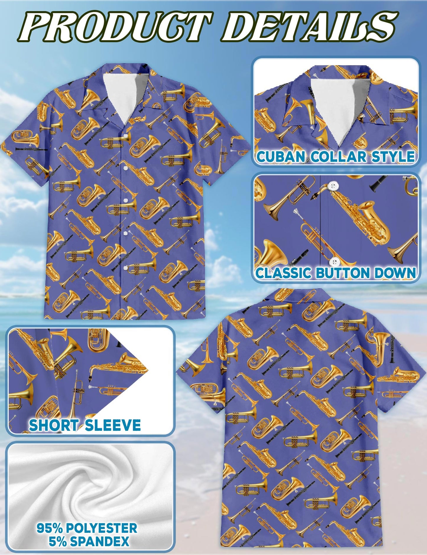 Trombone Pattern Hawaiian Shirt for Men, Button Down Aloha Shirt - Azhawaiian