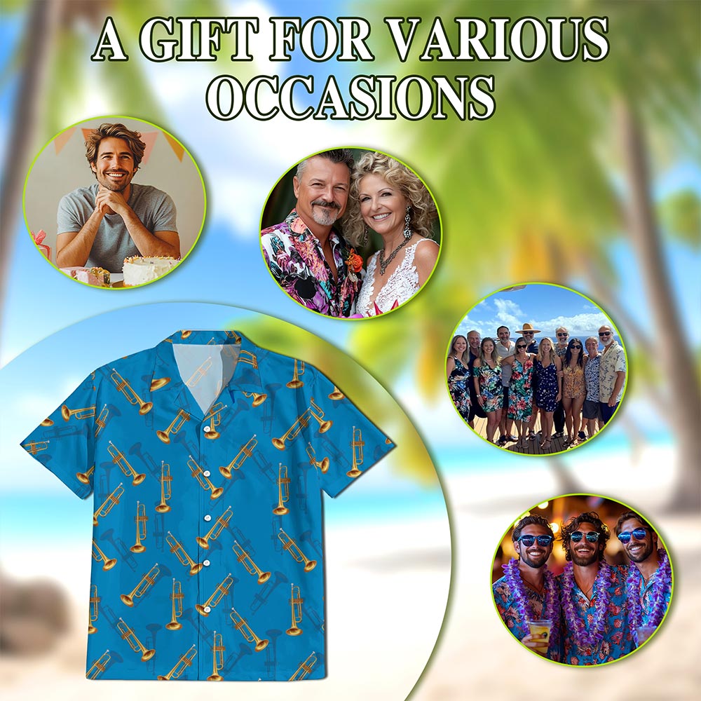 Trombone Pattern Hawaiian Shirt for Men, Button Down Aloha Shirt - Azhawaiian