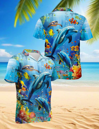 Tropical Dolphin Hawaiian Shirt for Men, Button Down Aloha Shirt - Azhawaiian