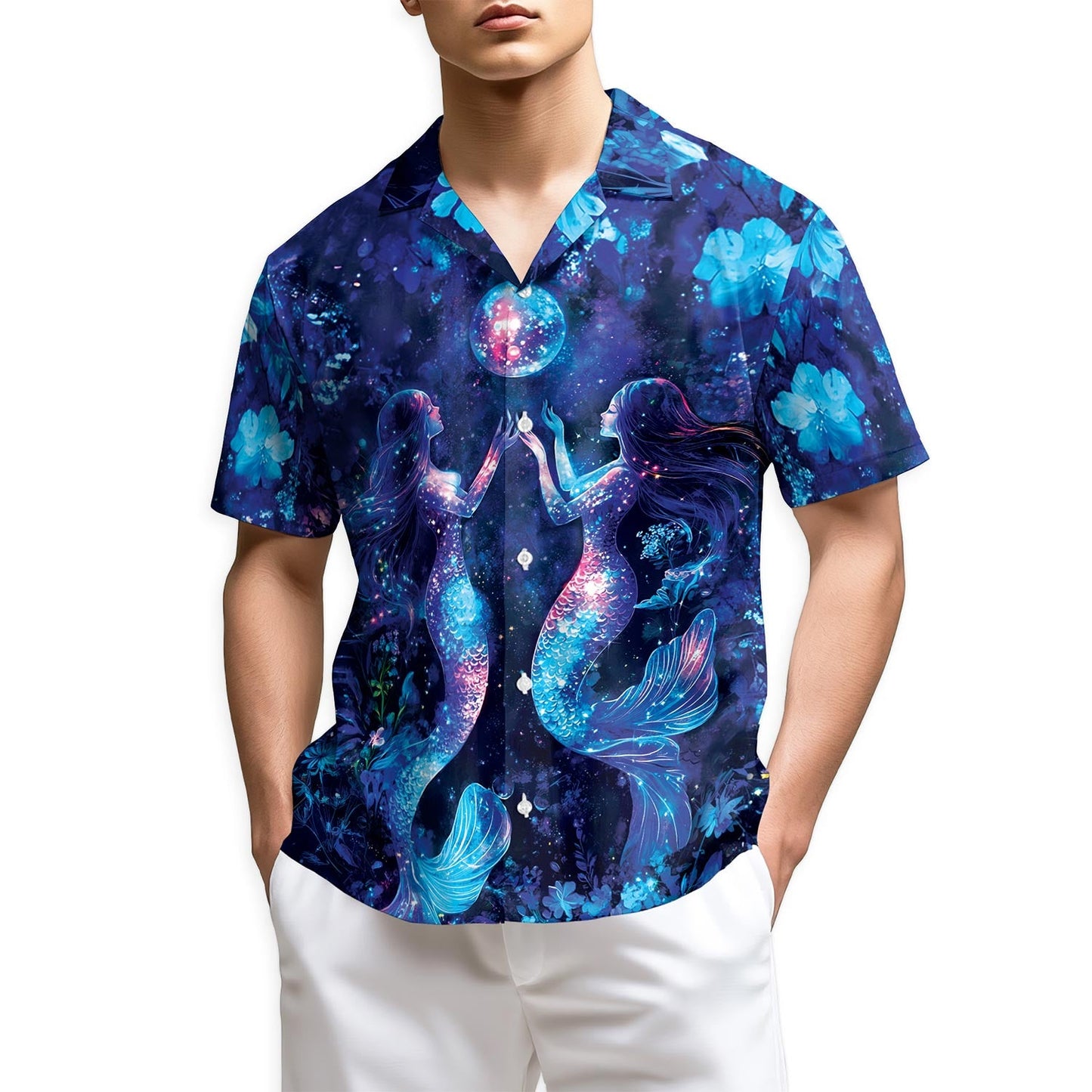 Azhawaiian Tropical Floral Mermaid Hawaiian Shirt for Men
