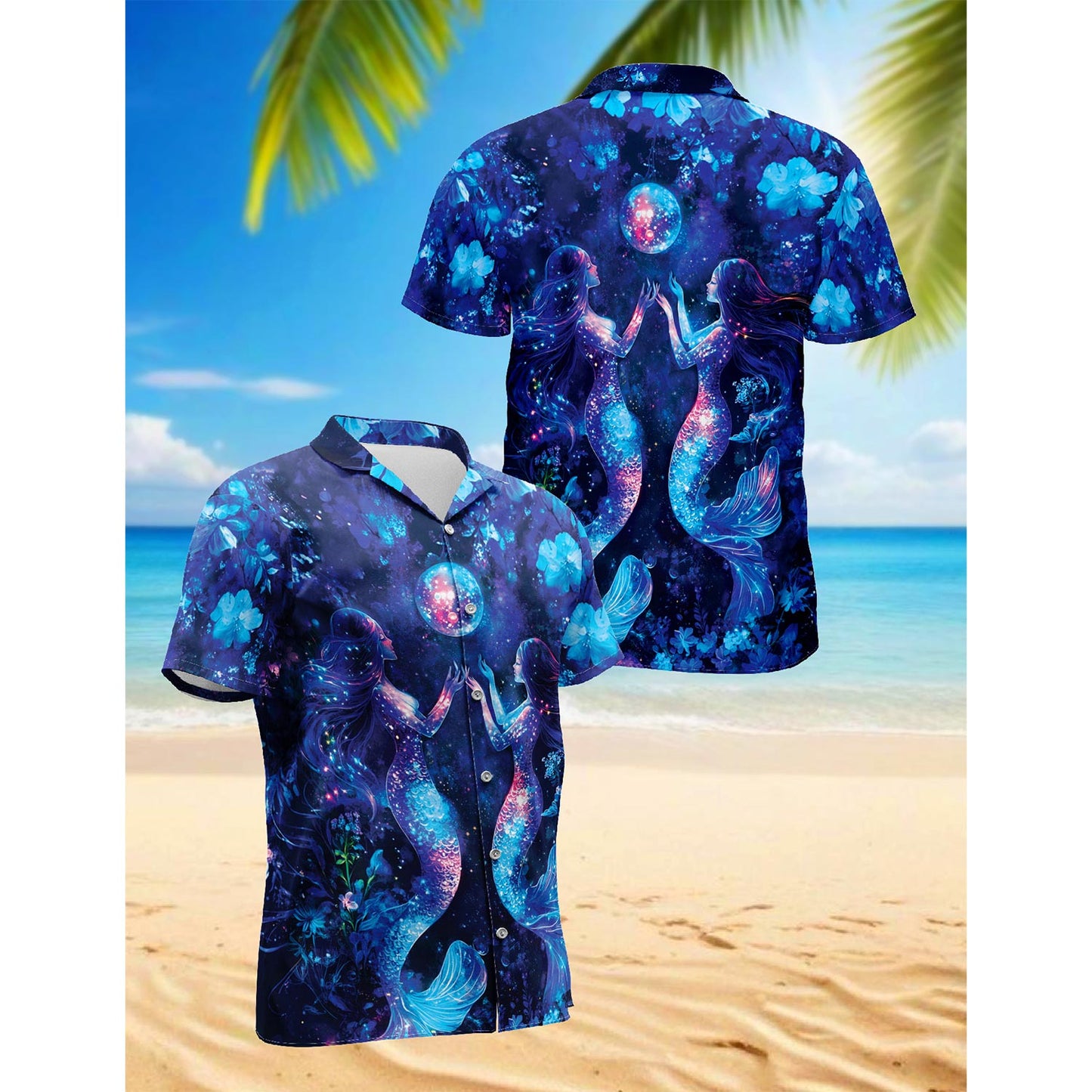 Tropical Floral Mermaid Hawaiian Shirt for Men, Button Down Aloha Shirt - Azhawaiian