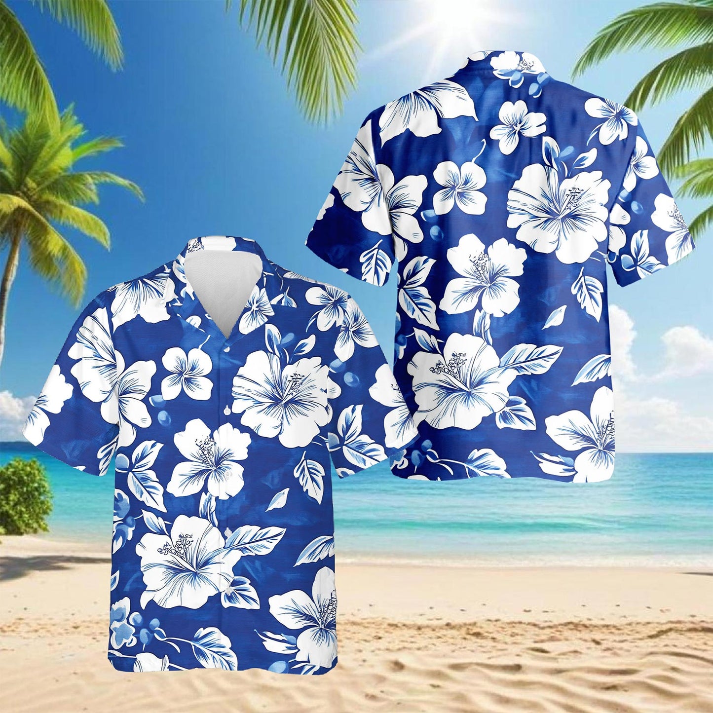 Tropical Hibiscus Blue Hawaiian Shirt for Men, Button Down Aloha Shirt - Azhawaiian