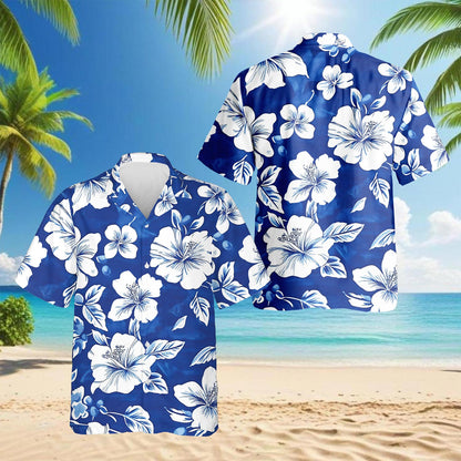Tropical Hibiscus Blue Hawaiian Shirt for Men, Button Down Aloha Shirt - Azhawaiian