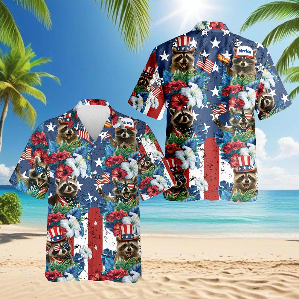 Tropical Merica Raccoon Hawaiian Shirt for Men, Button Down Aloha Shirt - Azhawaiian