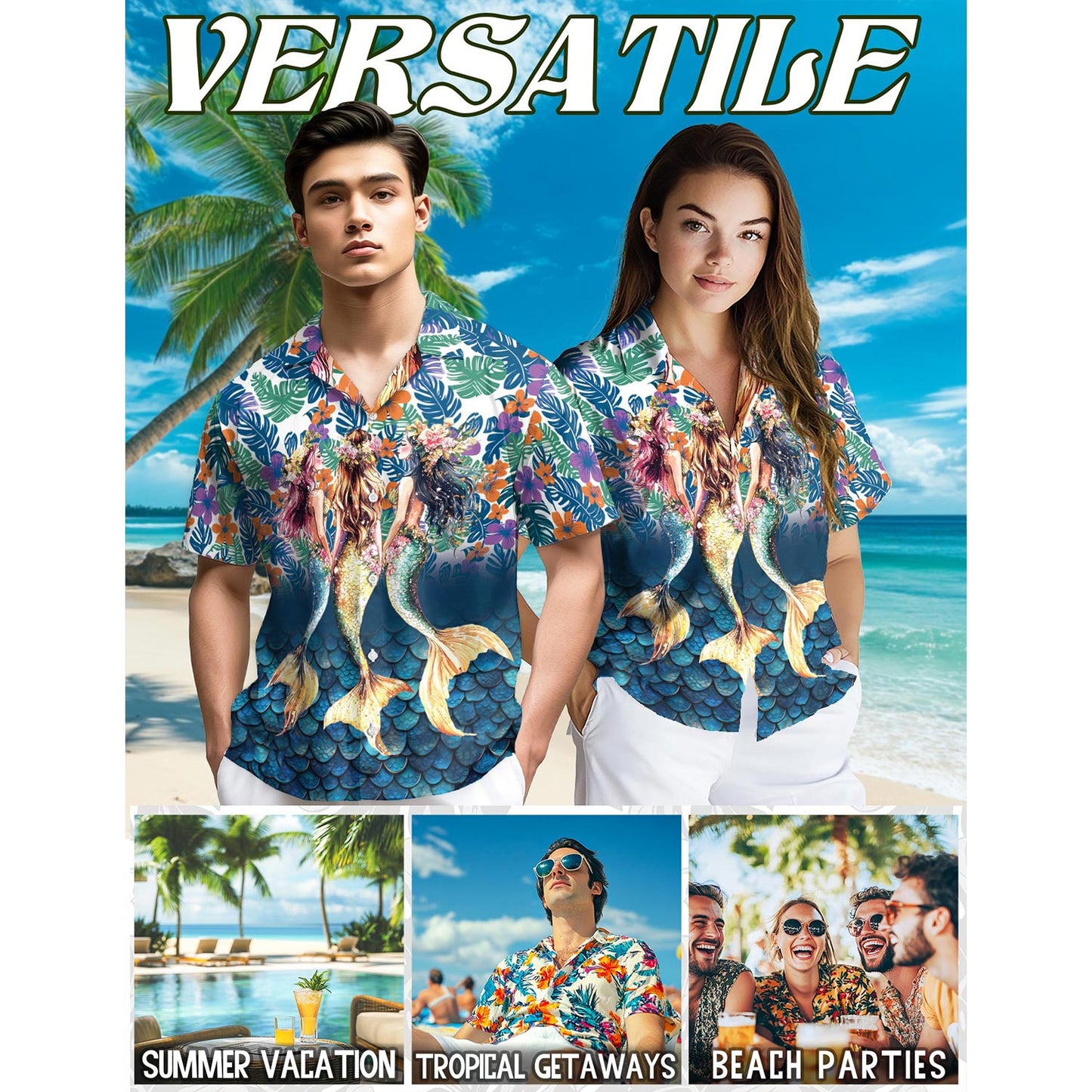 Tropical Mermaid Hawaiian Shirt for Men, Button Down Aloha Shirt - Azhawaiian