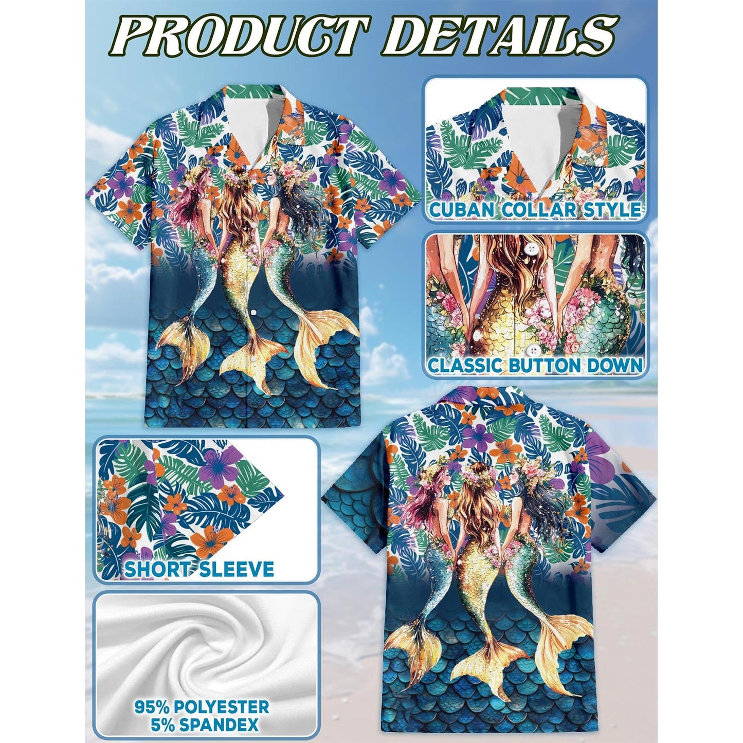 Tropical Mermaid Hawaiian Shirt for Men, Button Down Aloha Shirt - Azhawaiian