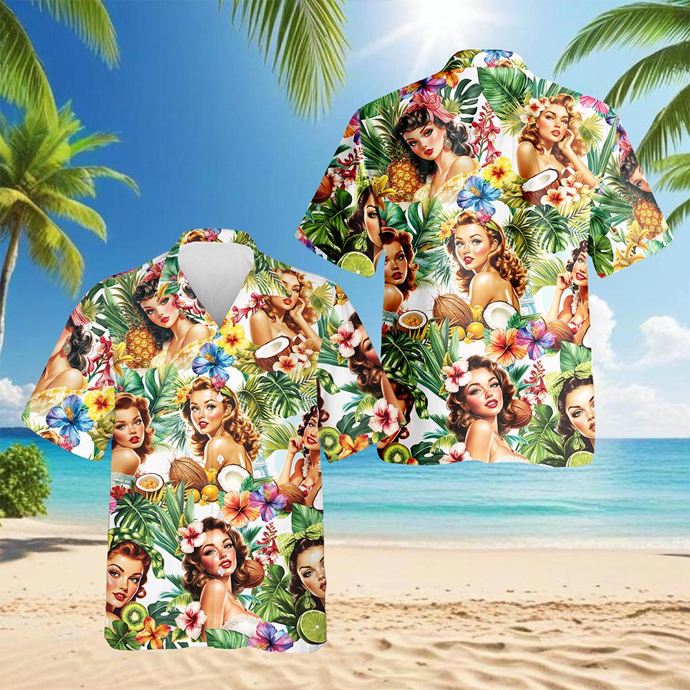 Tropical Pinup Girl Hawaiian Shirt for Men, Button Down Aloha Shirt - Azhawaiian