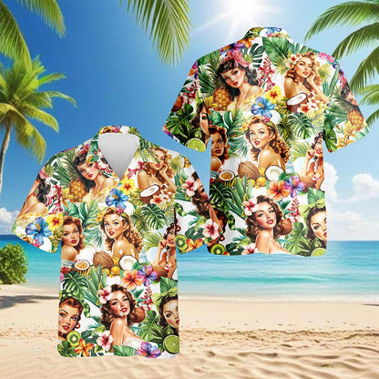Tropical Pinup Girl Hawaiian Shirt for Men, Button Down Aloha Shirt - Azhawaiian